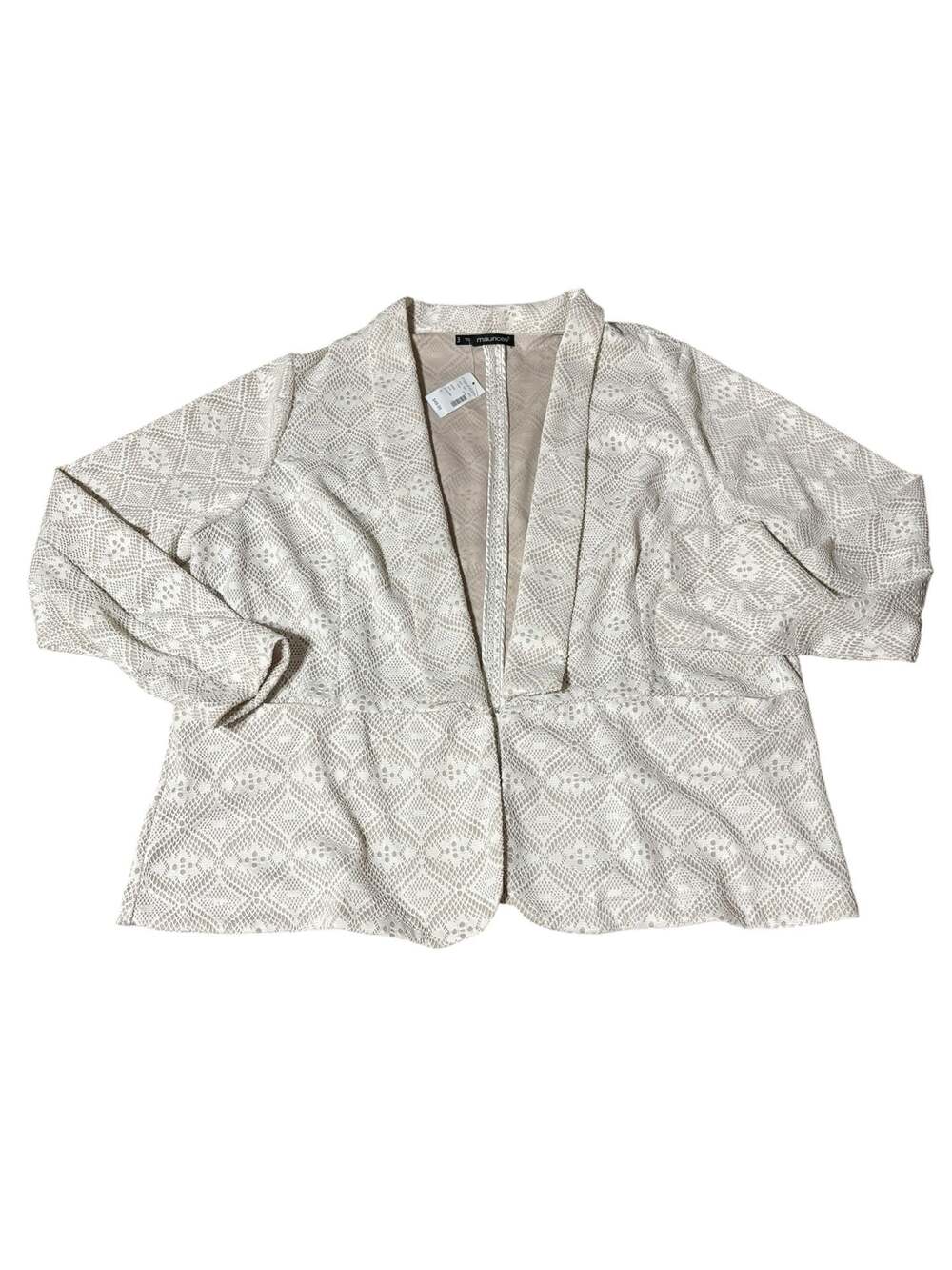 NWT Maurices Plus Size 3X Beige Geometric Lace Pattern‎ Open Front Blazer Work